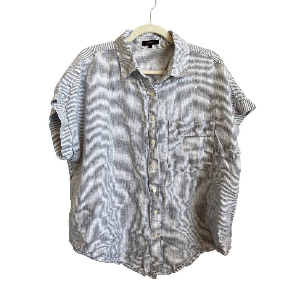 Quince 100% European Linen Camp Shirt Blue Pinstripe L Short Sleeve Button Down